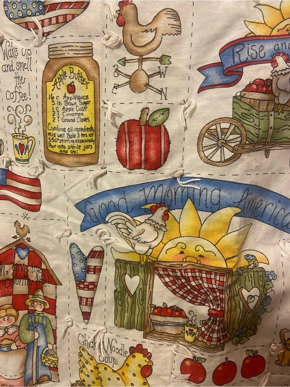 Hand Crafted Cream Quilt with Blue Border and Multicolor Country Print